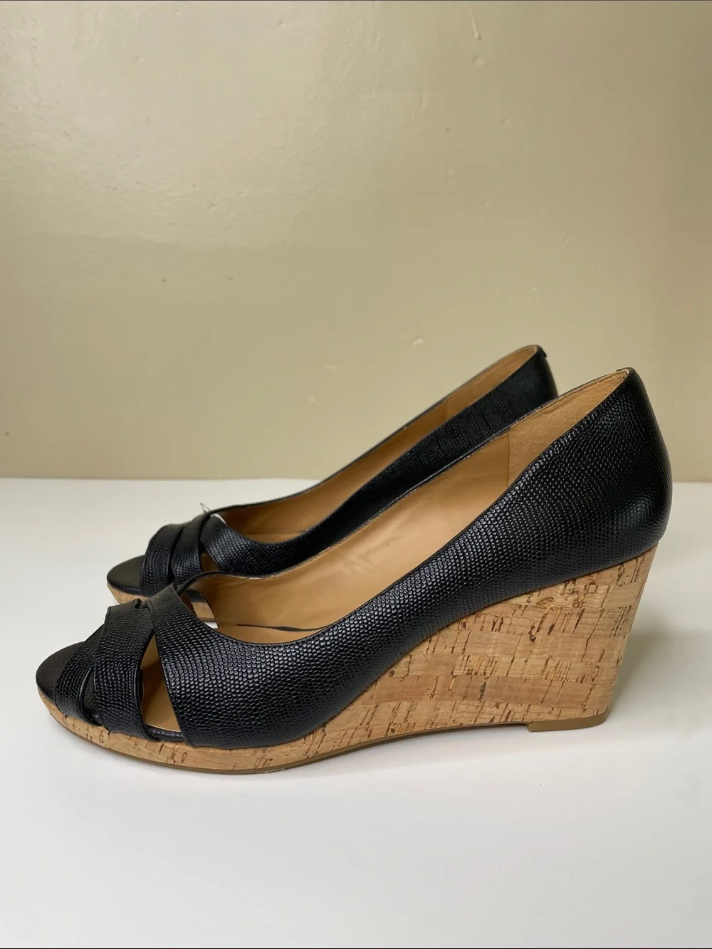 NINE WEST Black Pebble Leather JELICA Open-Toe Cork Wedge Pumps 10